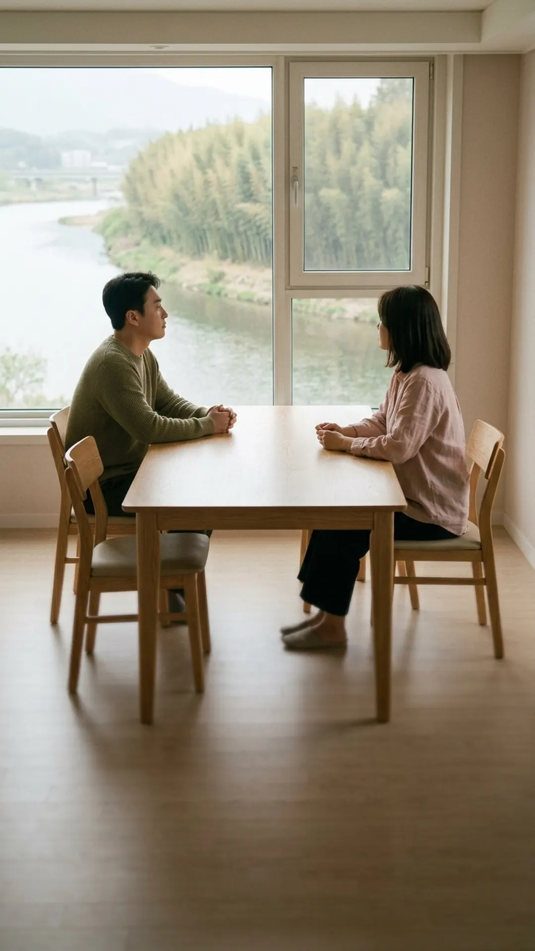거실 식탁에 마주 앉아 이야기를 나누는 부부 — 연출 이미지