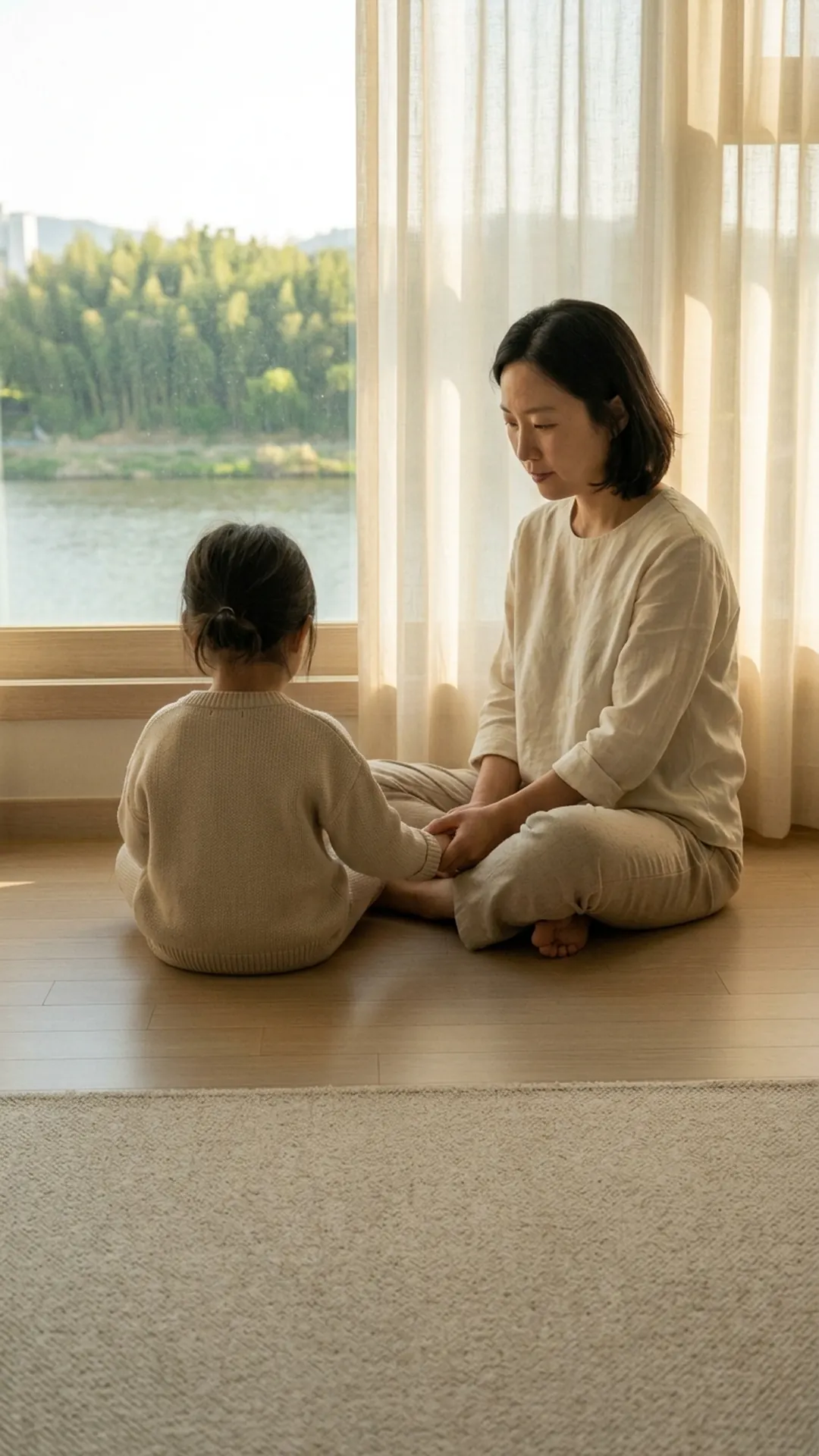 거실 바닥에서 아이와 마주 앉아 대화하는 부모 — 연출 이미지